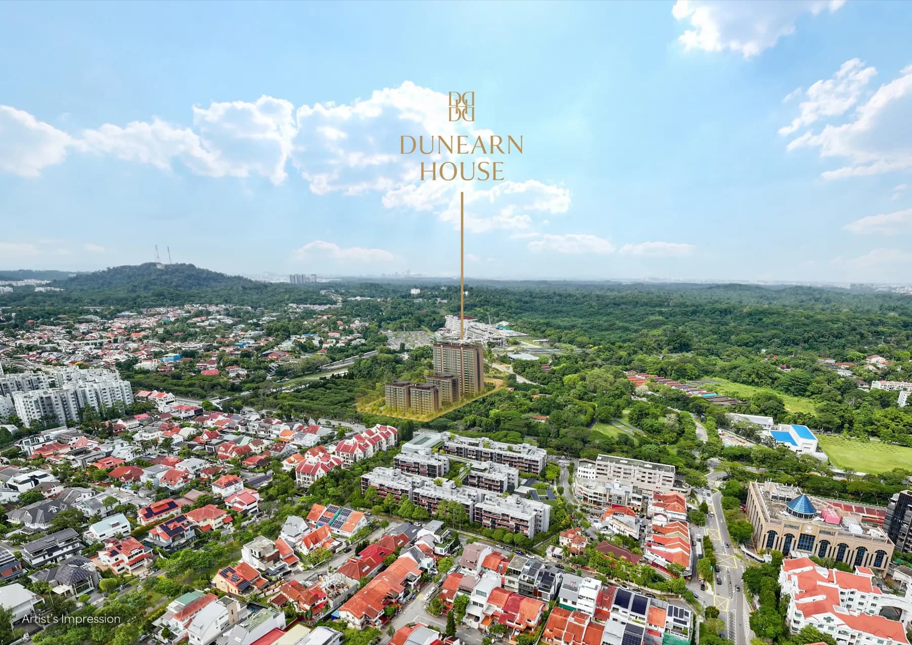 Aerial artist's impression of Dunearn House within the future Bukit Timah Turf City precinct